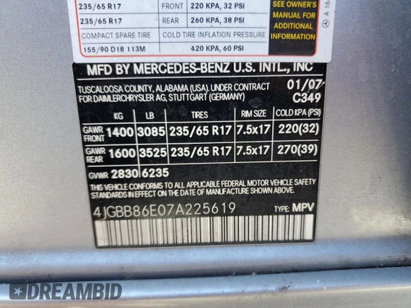 2007 Mercedes-Benz M 350 with VIN 4JGBB86E07A225619, listed as a Copart auction lot 42448025 with 113,221 mi miles and Salvage Title. Bid and sale history available at DreamBid. Image 12.