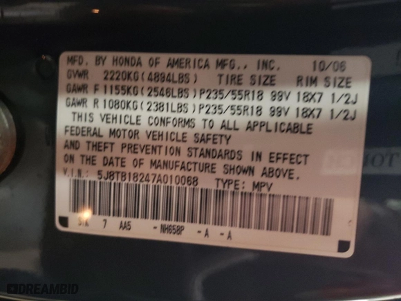 2007 Acura RDX with VIN 5J8TB18247A010068, listed as a Copart auction lot 43822625 with 221,505 mi miles and Non Repairable. Bid and sale history available at carsss.com. Image 13.
