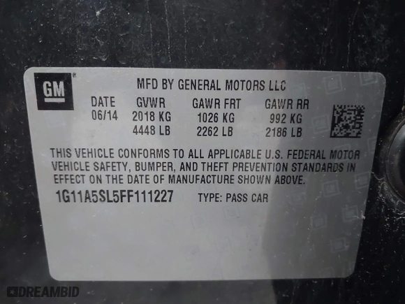2015 Chevrolet Malibu LS with VIN 1G11A5SL5FF111227, listed as a IAAI auction lot 41475463 with 82,239 mi miles. Bid and sale history available at carsss.com. Image 9.