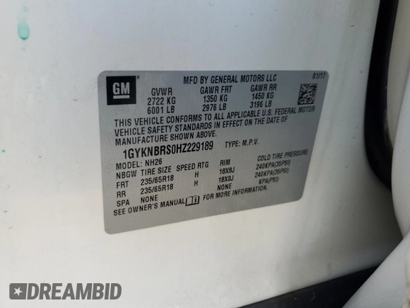 2017 Cadillac XT5 Luxury FWD with VIN 1GYKNBRS0HZ229189, listed as a Copart auction lot 70026514 with 81,864 mi miles and Salvage Title. Bid and sale history available at DreamBid. Image 12.