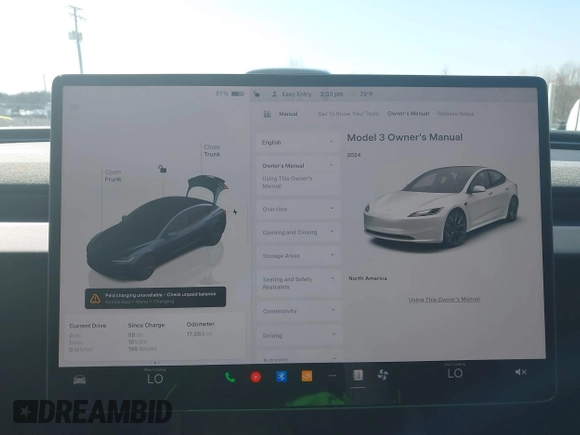 2024 Tesla Model 3 with VIN 5YJ3E1EA6RF728507, listed as a IAAI auction lot 41730403 with 17,563 mi miles and . Bid and sale history available at DreamBid. Image 18.