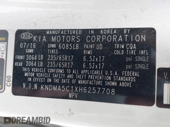 2017 Kia Sedona L with VIN KNDMA5C1XH6257708, listed as a IAAI auction lot 41758355 with 1 mi miles. Bid and sale history available at carsss.com. Image 9.