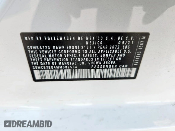 2021 Volkswagen Jetta S с VIN 3VWC57BU4MM082564, выставлен на аукционе Copart как лот 61867825 с пробегом 35 570 миль миль и Списание • Salvage title. История ставок и продаж доступна на DreamBid. Изображение 13.