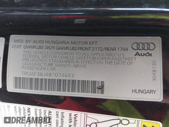 2008 Audi TT 2.0T with VIN TRUAF38J481014643, listed as a IAAI auction lot 42536088 with 179,859 mi miles and . Bid and sale history available at DreamBid. Image 9.