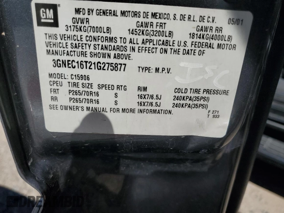 2001 Chevrolet Suburban LS with VIN 3GNEC16T21G275877, listed as a Copart auction lot 69252714 with 268,769 mi miles and Salvage Title. Bid and sale history available at carsss.com. Image 12.