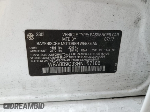 2017 BMW 3 Series 330i z VIN WBA8B9G33HNU57186, wystawiony jako Copart lot #58443095 z przebiegiem 78 525 mil mil oraz Szkoda całkowita • Salvage title. Historia ofert i sprzedaży dostępna na DreamBid. Obrazek 12.