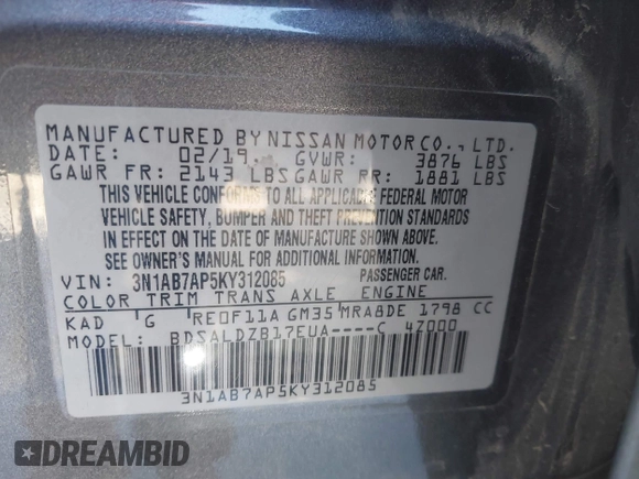 2019 Nissan Sentra SV z VIN 3N1AB7AP5KY312085, wystawiony jako IAAI lot #42311937 z przebiegiem 68 453 mil mil oraz . Historia ofert i sprzedaży dostępna na DreamBid. Obrazek 9.
