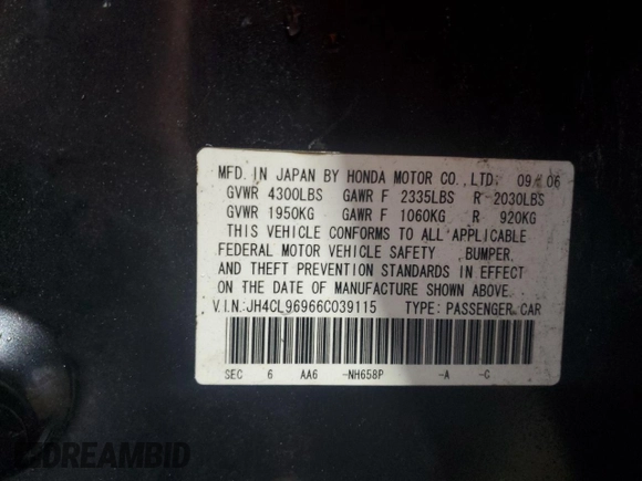2006 Acura TSX Navi with VIN JH4CL96966C039115, listed as a Copart auction lot 60316435 with 230,963 mi miles and Salvage title. Bid and sale history available at DreamBid. Image 12.