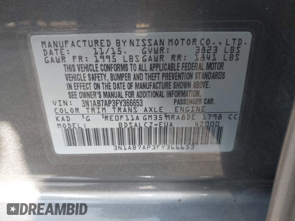 2015 Nissan Sentra SR with VIN 3N1AB7AP3FY366653, listed as a IAAI auction lot 41944214 with 98,521 mi miles and . Bid and sale history available at DreamBid. Image 9.