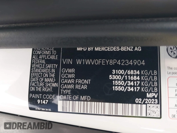 2023 Mercedes-Benz Metris with VIN W1WV0FEY8P4234904, listed as a IAAI auction lot 41459733 with 51,432 mi miles and . Bid and sale history available at DreamBid. Image 9.