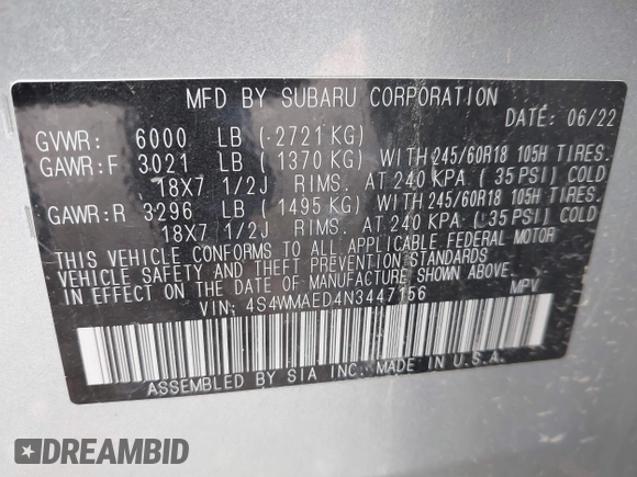 2022 Subaru Ascent Premium with VIN 4S4WMAED4N3447156, listed as a IAAI auction lot 42641004 with 74,504 mi miles and . Bid and sale history available at DreamBid. Image 9.