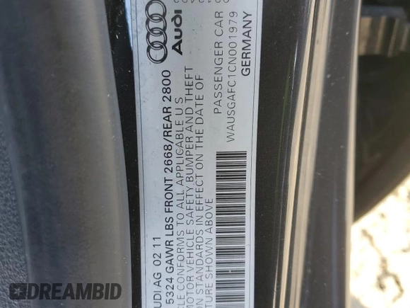 2012 Audi A7 Prestige с VIN WAUSGAFC1CN001979, выставлен на аукционе Copart как лот 41823795 с пробегом Не указан миль и Списание • Salvage title. История ставок и продаж доступна на DreamBid. Изображение 12.