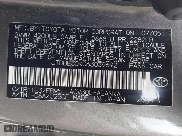 2006 Toyota Camry STD with VIN JTDBE30K063039692, listed as a IAAI auction lot 42121296 with 109,687 mi miles. Bid and sale history available at carsss.com. Image 9.