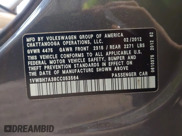 2012 Volkswagen Passat SE with VIN 1VWBH7A38CC053564, listed as a IAAI auction lot 41488237 with 188,636 mi miles and . Bid and sale history available at DreamBid. Image 9.