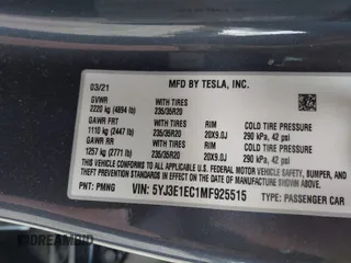 2021 Tesla Model 3 Performance with VIN 5YJ3E1EC1MF925515, listed as a IAAI auction lot 41721548 with 36,478 mi miles and . Bid and sale history available at carsss.com. Image 9.