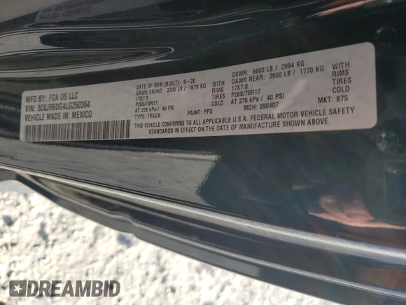 2020 Ram 1500 Tradesman with VIN 3C6JR6DG4LG260364, listed as a Copart auction lot 76876974 with 78,868 mi miles and Salvage title. Bid and sale history available at DreamBid. Image 12.