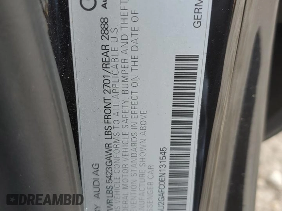 2014 Audi A7 Prestige with VIN WAU2GAFC0EN131545, listed as a Copart auction lot 57294245 with 117,646 mi miles and Salvage title. Bid and sale history available at DreamBid. Image 12.