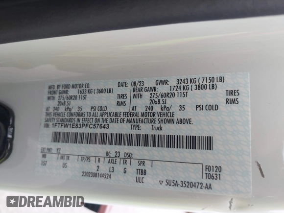 2023 Ford F-150 XL с VIN 1FTFW1E83PFC57643, выставлен на аукционе IAAI как лот 39187720 с пробегом 6 607 миль миль и . История ставок и продаж доступна на DreamBid. Изображение 9.