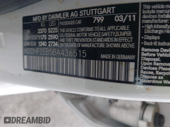 2011 Mercedes-Benz E 350 Luxury with VIN WDDHF2EB5BA436515, listed as a IAAI auction lot 42253572 with 129,133 mi miles and . Bid and sale history available at DreamBid. Image 9.