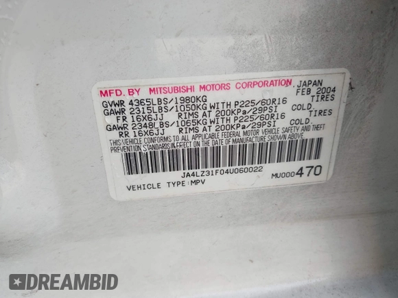 2004 Mitsubishi Outlander LS z VIN JA4LZ31F04U060022, wystawiony jako IAAI lot #41775408 z przebiegiem 83 515 mil mil oraz . Historia ofert i sprzedaży dostępna na DreamBid. Obrazek 9.