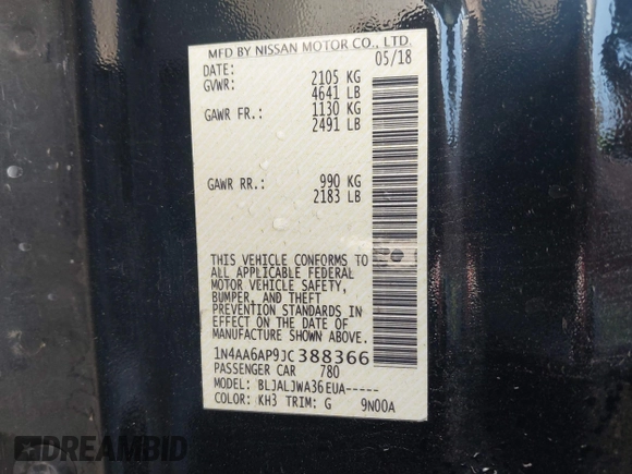 2018 Nissan Maxima S with VIN 1N4AA6AP9JC388366, listed as a IAAI auction lot 41842042 with 103,597 mi miles and . Bid and sale history available at DreamBid. Image 9.