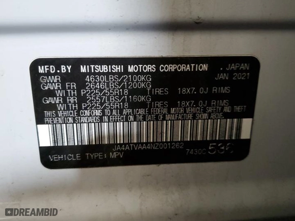 2022 Mitsubishi Eclipse Cross LE with VIN JA4ATVAA4NZ001262, listed as a Copart auction lot 46250715 with 31,800 mi miles and Salvage Title. Bid and sale history available at carsss.com. Image 14.