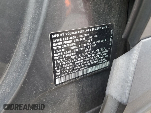 2012 Volkswagen Tiguan LE with VIN WVGAV7AXXCW005049, listed as a Copart auction lot 57818925 with 137,850 mi miles and Salvage title. Bid and sale history available at DreamBid. Image 13.