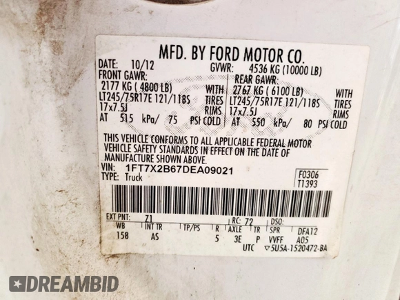 2013 Ford F-250 XL with VIN 1FT7X2B67DEA09021, listed as a Copart auction lot 59056545 with 294,875 mi miles and Clean title. Bid and sale history available at DreamBid. Image 12.