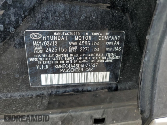 2013 Hyundai Sonata with VIN KMHEC4A46DA077537, listed as a Copart auction lot 54261175 with 125,807 mi miles and Salvage Title. Bid and sale history available at carsss.com. Image 12.
