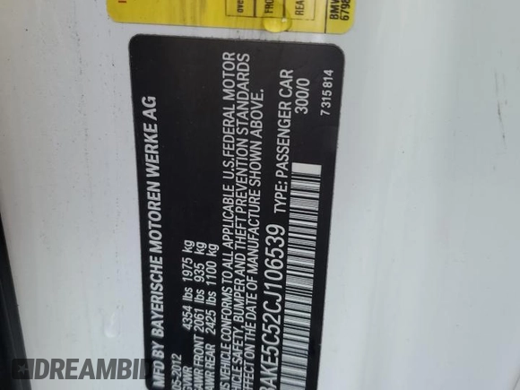 2012 BMW 3 Series 328i with VIN WBAKE5C52CJ106539, listed as a Copart auction lot 48252995 with Not Provided miles and Salvage Title. Bid and sale history available at carsss.com. Image 12.
