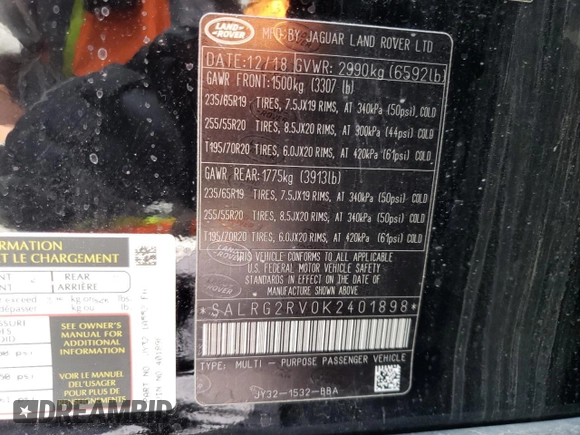 2019 Land Rover Discovery SE with VIN SALRG2RV0K2401898, listed as a Copart auction lot 69344504 with 31,548 mi miles and Salvage Title. Bid and sale history available at carsss.com. Image 13.