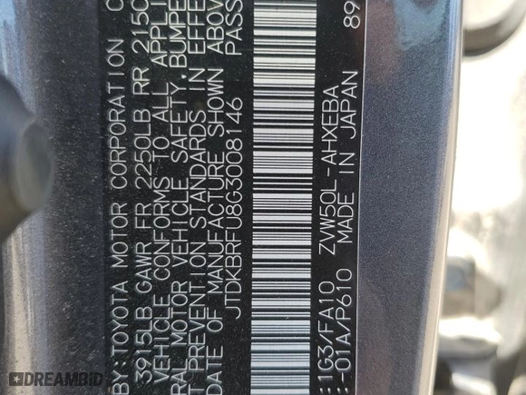 2016 Toyota Prius Two with VIN JTDKBRFU8G3008146, listed as a Copart auction lot 60035684 with 101,001 mi miles and Salvage Title. Bid and sale history available at carsss.com. Image 13.