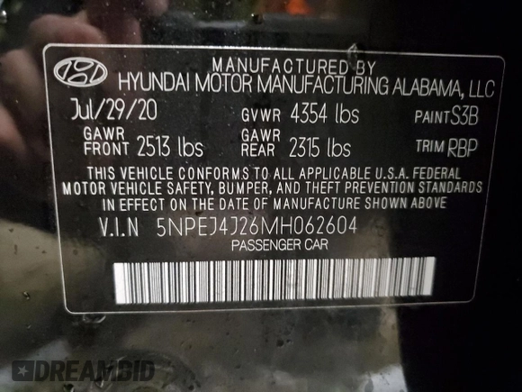 2021 Hyundai Sonata SEL Plus with VIN 5NPEJ4J26MH062604, listed as a Copart auction lot 45585325 with 39,569 mi miles and Salvage Title. Bid and sale history available at DreamBid. Image 12.