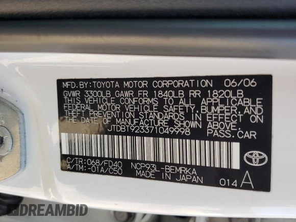 2007 Toyota Yaris with VIN JTDBT923371049998, listed as a Copart auction lot 48582445 with 217,625 mi miles and Salvage Title. Bid and sale history available at DreamBid. Image 14.