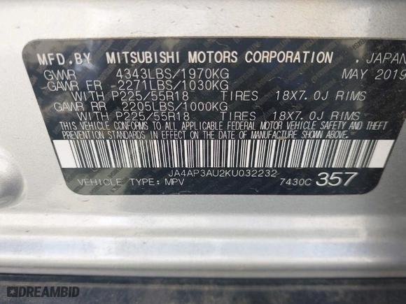 2019 Mitsubishi Outlander Sport ES 2.0 with VIN JA4AP3AU2KU032232, listed as a IAAI auction lot 40050793 with 45,570 mi miles. Bid and sale history available at carsss.com. Image 9.