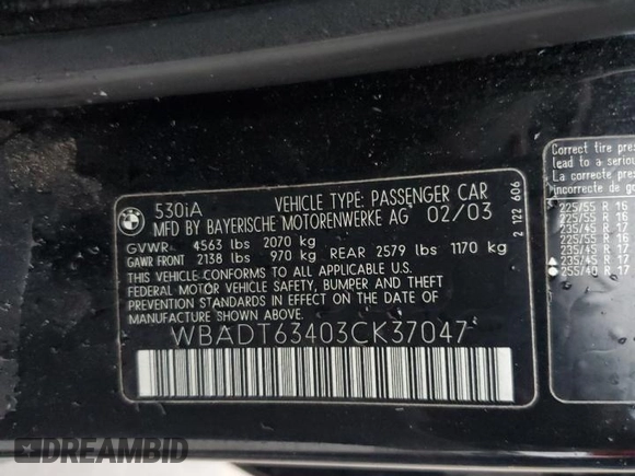 2003 BMW 5 Series 530iA with VIN WBADT63403CK37047, listed as a Copart auction lot 79614074 with 164,261 mi miles and Salvage Title. Bid and sale history available at carsss.com. Image 12.