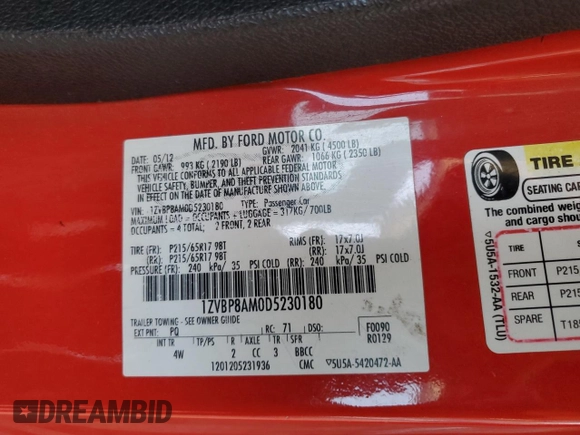 2013 Ford Mustang V6 with VIN 1ZVBP8AM0D5230180, listed as a Copart auction lot 61626655 with 100,168 mi miles and Salvage title. Bid and sale history available at DreamBid. Image 12.