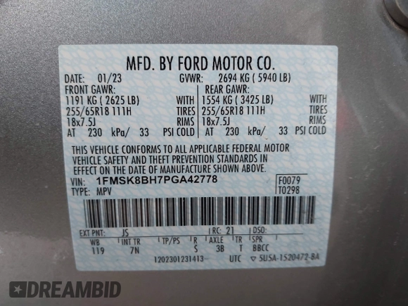 2023 Ford Explorer with VIN 1FMSK8BH7PGA42778, listed as a IAAI auction lot 41764514 with 25,573 mi miles and . Bid and sale history available at DreamBid. Image 9.