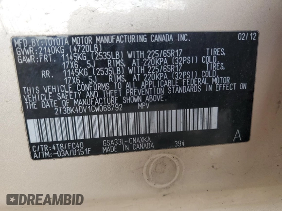 2012 Toyota RAV4 with VIN 2T3BK4DV1CW068792, listed as a Copart auction lot 50391465 with 123,189 mi miles and Clean Title. Bid and sale history available at carsss.com. Image 13.