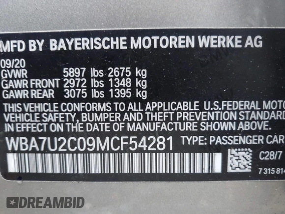 2021 BMW 7 Series 750i xDrive with VIN WBA7U2C09MCF54281, listed as a IAAI auction lot 41725986 with Not provided miles and . Bid and sale history available at DreamBid. Image 9.