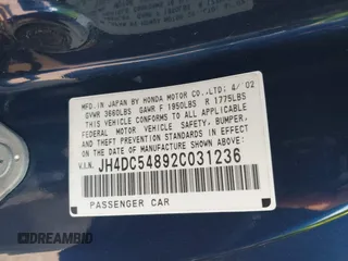 2002 Acura RSX Auto z VIN JH4DC54892C031236, wystawiony jako IAAI lot #42176599 z przebiegiem 179 850 mil mil oraz . Historia ofert i sprzedaży dostępna na DreamBid. Obrazek 9.