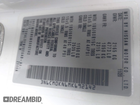 2021 Nissan NV200 SV z VIN 3N6CM0KN6MK692142, wystawiony jako IAAI lot #41585961 z przebiegiem 77 492 mil mil oraz . Historia ofert i sprzedaży dostępna na DreamBid. Obrazek 9.