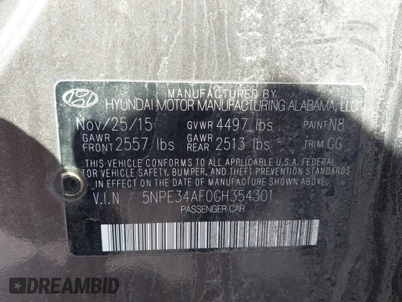 2016 Hyundai Sonata Sport with VIN 5NPE34AF0GH354301, listed as a IAAI auction lot 42022539 with 130,562 mi miles and . Bid and sale history available at DreamBid. Image 9.