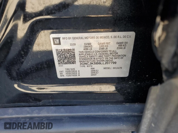 2020 Chevrolet Trax LS with VIN 3GNCJKSB6LL207799, listed as a Copart auction lot 57109275 with 83,190 mi miles and Salvage title. Bid and sale history available at DreamBid. Image 13.