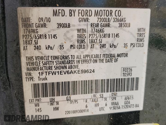 2010 Ford F-150 XL z VIN 1FTFW1EV6AKE59624, wystawiony jako Copart lot #59613915 z przebiegiem 165 369 mil mil oraz Szkoda całkowita • Salvage title. Historia ofert i sprzedaży dostępna na DreamBid. Obrazek 12.