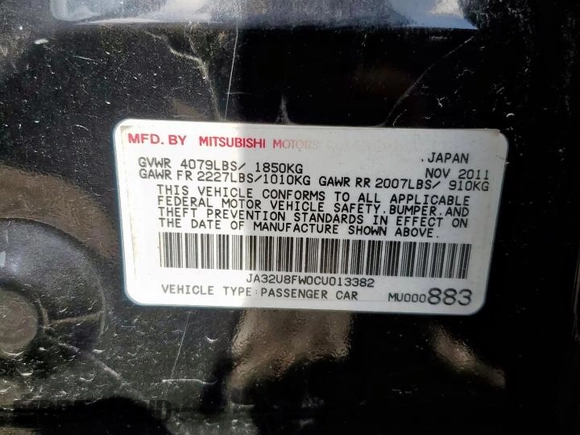 2012 Mitsubishi Lancer GT with VIN JA32U8FW0CU013382, listed as a Copart auction lot 60754055 with 156,160 mi miles and Salvage title. Bid and sale history available at DreamBid. Image 12.
