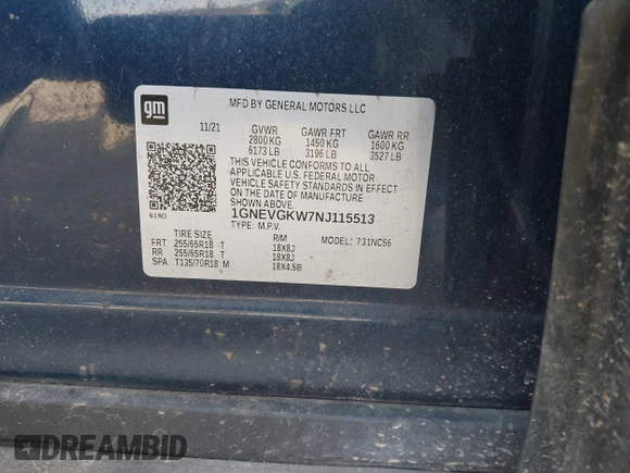2022 Chevrolet Traverse LT Cloth with VIN 1GNEVGKW7NJ115513, listed as a IAAI auction lot 42067550 with 40,795 mi miles and . Bid and sale history available at DreamBid. Image 9.