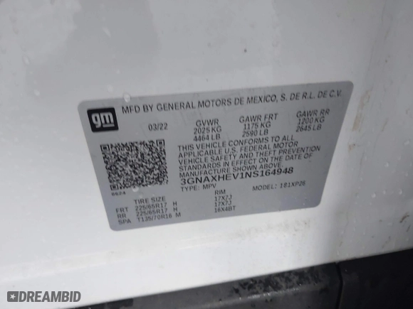 2022 Chevrolet Equinox LS with VIN 3GNAXHEV1NS164948, listed as a IAAI auction lot 41782810 with 66,722 mi miles. Bid and sale history available at carsss.com. Image 9.