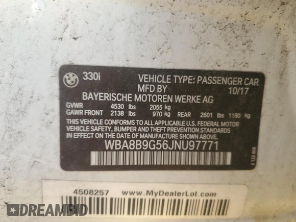 2018 BMW 3 Series 330i z VIN WBA8B9G56JNU97771, wystawiony jako Copart lot #54126505 z przebiegiem 71 545 mil mil oraz Szkoda całkowita • Salvage title. Historia ofert i sprzedaży dostępna na DreamBid. Obrazek 12.