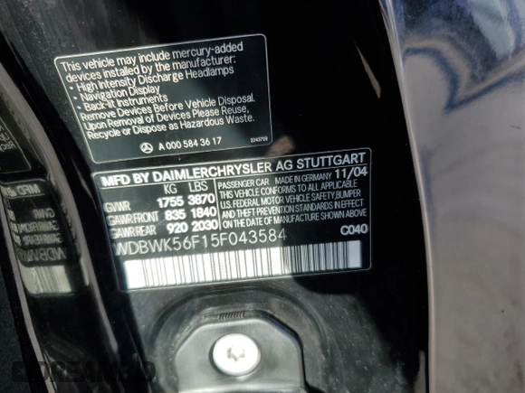 2005 Mercedes-Benz SLK 230/320 with VIN WDBWK56F15F043584, listed as a Copart auction lot 49313445 with 96,372 mi miles and Salvage title. Bid and sale history available at DreamBid. Image 14.